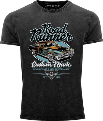 Produktbild von Neverless® Herren T-Shirt Vintage Shirt Printshirt Roadrunner American Muscle Car Tuning Retro Sports Car Vintage Motiv Used Look Slim Fit schwarz XL