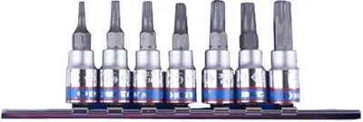 Produktbild von KPL. 1/4''-TORX-Steckschlüsseleinsätze mit Bohrung, 7-teilig T10-740 auf Schiene – KY2107PR
