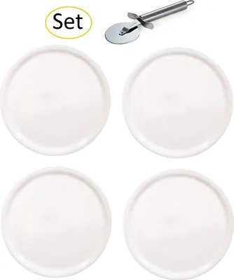 Produktbild von Saturnia Pizzateller - Serie Napoli - im Set Inklusive Pizzaschneider/Pizzaroller - Weiss (4, Ø28cm)