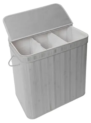 Image de Panier à linge Relaxdays avec couvercle, en bambou, 150 l, 3 compartiments, H x l x P : 61,5 x 61 x 41,5 cm, coffre à linge de salle de bain, gris