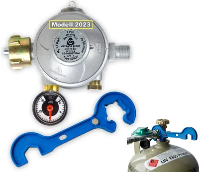 Produktbild von Haushaltsregler 50 mbar für Innenräume Druckminderer für Propan-Gasflaschen inkl. Gasregler-Schlüssel 2 in 1