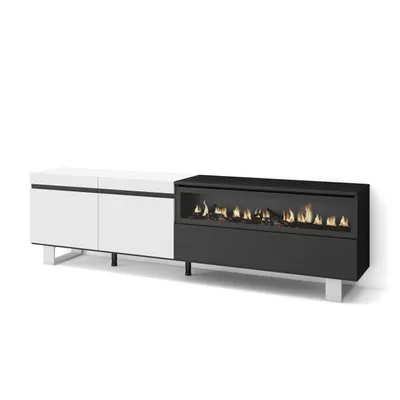 Produktbild von TV-Schrank, Lowboard, 200x35x57cm, Für TV-Geräte bis zu 80", Elektrokamin, Industriedesign, Weiß und Schwarz