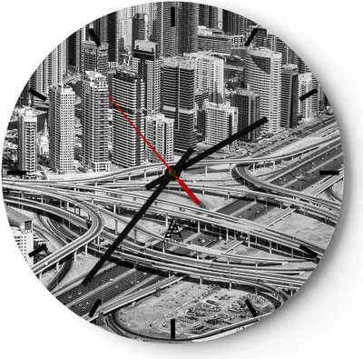 Produktbild von Wanduhr - Rund - Glasuhr - Stadt Wolkenkratzer Autobahn - 40x40cm - Schleichendes Uhrwerk - Lautlos - zum Aufhängen bereit - Dekoration Modern - Wanddekoration aus Glas - C3AR40x40-5065