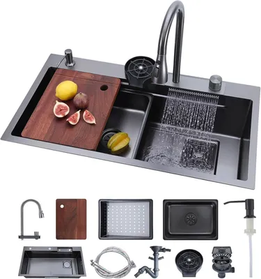 Produktbild von Einbauspüle 850 x 460 x 236 mm mit integrierter Stufe, Wasserfallarmatur und Schneidebrett, geeignet für Wohnmobile, Vorbereitungsküchen, Waschküchen und Bars