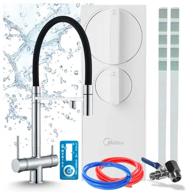 Imagen del producto de Grifo de cocina con sistema de filtrado de agua Ari Highflex, grifo de dos mandos, cartucho cerámico, giratorio 360 grados, latón, sistema de ósmosis inversa RO5 de 400 GPD, acabado cromado