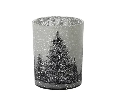 Produktbild von Teelichthalter Glas 8cm mit Tannenbaum Motiv Grau