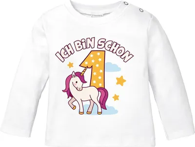 Produktbild von Baby Langarm-Shirt Einhorn Alter Zahl Spruch Ich bin schon 1 (2) Geburtstagsshirt Baumwolle Mädchen MoonWorks® 1 Jahr weiß 92/98 (16-24-Monate)