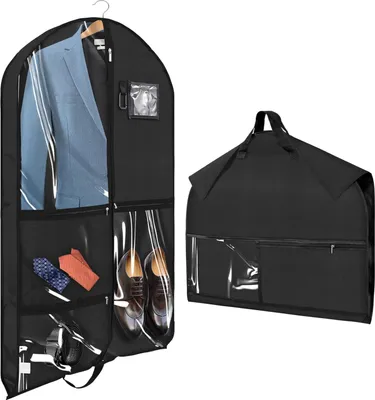 Produktbild von Reise kleidersack anzug mit 5 Reißverschluss Taschen Faltbare Mit Tragegriff Atmungsaktive Anzugtasche für Anzug Kinder Wettbewerbe-Kostüme Herren Jacke Kleider Kleiderhülle 100X60 cm Schwarz