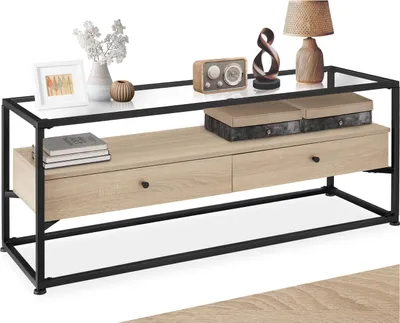 A sideboard with decorative items on top, presented on a white background.
