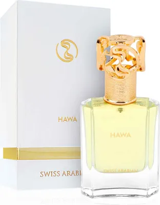 A bottle of Swiss Arabian Hawa EDP perfume and its packaging are displayed against a white background.