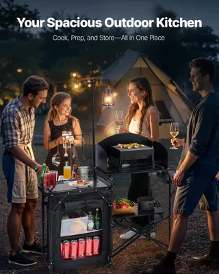 Produktbild von Camping-Küchentisch faltbar mit Windschutz, Outdoor-Kochstation, Aluminium & Stahl, mit Tragetasche, Schwarz | 57 x 17 x 84 cm | 11,05 kg | X-Rahmen