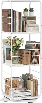 Produktbild von COSTWAY 4-stöckiges Bücherregal, 360° Standregal Bücherturm mit Metallrahmen, Büroregal, Dekoregal, Aufbewahrungsregal, Weiß, 40x40x115 cm