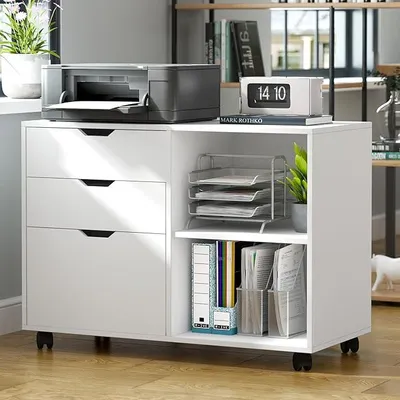 Image de Rangement mobile pour bureau, chariot de bureau, meuble de rangement sur roulettes en bois avec 3 tiroirs, verrouillable. Idéal pour le bureau et la maison. Dimensions : 79,5 x 40 x 62,5 cm. Couleur : blanc