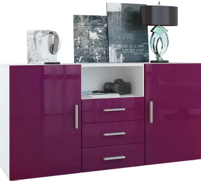 Produktbild von Vladon Sideboard Skadu, Kommode mit 2 Türen, 3 Schubladen und 1 offenem Fach, Weiß matt/Brombeer Hochglanz (138,5 x 71,5 x 35 cm)