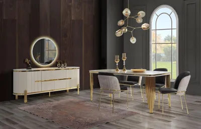 Produktbild von Luxus Esszimmer Garnitur Essgruppe Esstisch Stühle Set 6tlg Gold Weiß