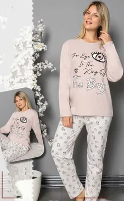 Produktbild von Damen Pyjama Schlafanzug Hellbraun XL Lang 2-Teiler Set Warm C-75
