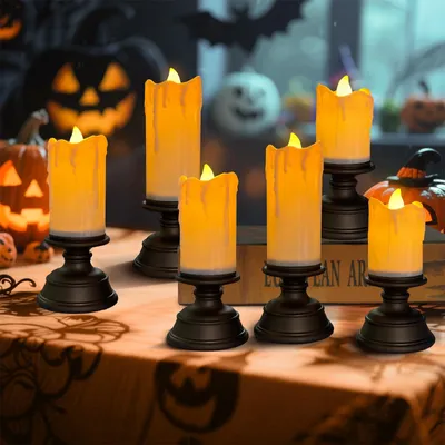 Obrázek produktu pro Sada 6 LED svíček na Halloween, které blikají jako plamen, jsou bezplamenné a mají různé výšky