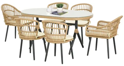 Immagine prodotto di Set Tavolo con Vetro Temperato e 6 Sedie con Cuscini da Giardino in Acciaio e PE Rattan Naturale Nero e Beige