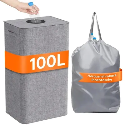 Immagine prodotto di Contenitore pieghevole per la raccolta differenziata da 100 litri - Cesto per la biancheria / Contenitore portaoggetti - Struttura in bambù - Ideale per la raccolta di bottiglie e per la biancheria sporca - Grigio