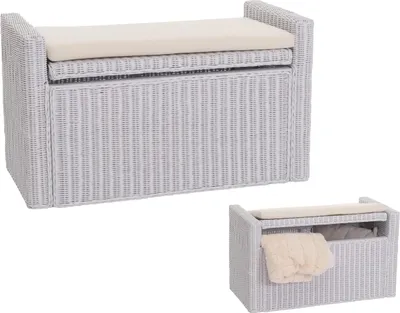 Produktbild von Sitzbank M92 Garderobenbank Bank Sitzhocker, mit Stauraum Kissen Kubu Rattan 88cm  weiß