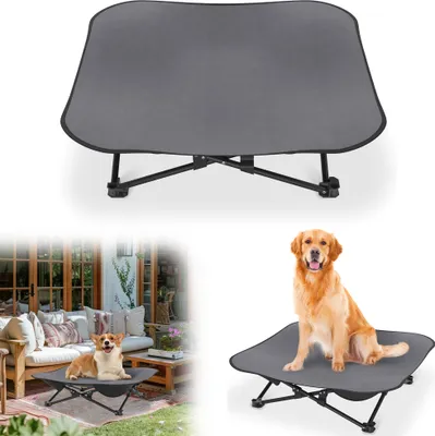 A collage of images showing a gray elevated pet bed, a corgi on a similar bed outdoors, and a golden retriever on a similar bed.