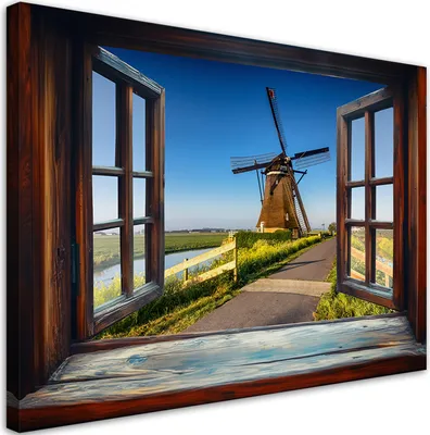 Produktbild von Leinwandbild Blick aus dem Fenster Windmühle Naturlandschaft 100x70 Feeby Braun bild für die wand bereit zum aufhängen