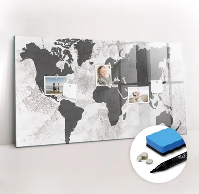 Produktbild von Magnetpinnwand Memoboard - Zubehörsatz - Schwarzer Marker + Schwamm + Magnete - 120 x 60 cm - Konkrete Weltkarte