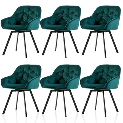 A set of six green velvet dining chairs arranged in two rows of three against a white background.