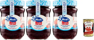 Produktbild von Hero Light Konfitüre Leichte Brotaufstriche wilde Beeren, Extra-Marmelade und Konfitüre mit hochwertigen Früchten, ohne Zuckerzusatz und sehr wenig Kalorien 3x 280 g + Italian Gourmet polpa 400g