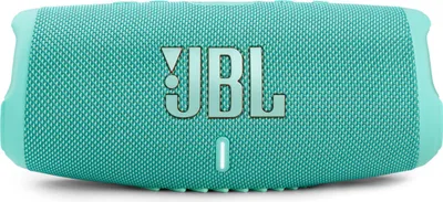 A teal JBL Charge 5 portable Bluetooth speaker is shown against a white background.