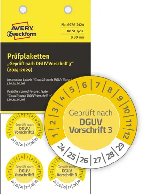 Produktbild von AVERY Zweckform Prüfplaketten " nach" 2024-2029 gelb 30 mm 80 Etiketten