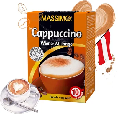 Produktbild von MASSIMO Cappuccino Wiener Melange 80 Sticks Instantkaffee á 15g (8 x 150g Packung) Aromatisiertes Getränkepulver mit löslichem Bohnenkaffe