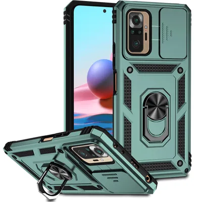 Immagine prodotto di Custodia per Xiaomi Redmi Note 10 Pro/10 Pro Max a doppio strato con copertura scorrevole della fotocamera e supporto ad anello verde