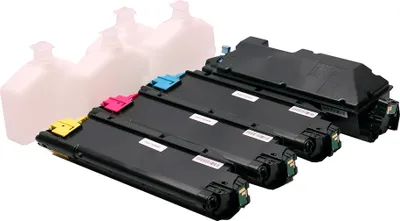 Four toner cartridges for a printer, with three in the foreground and one in the background, along with three empty bottles in the background.
