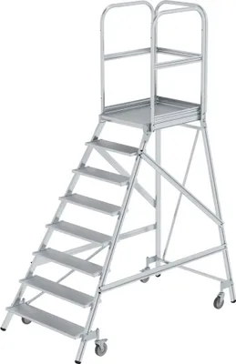 Produktbild von Podesttreppe einseitig begehbar mit Federrollen | Aluminium geriffelt | 8 Stufen | Rutschsichere Leiterschuhe