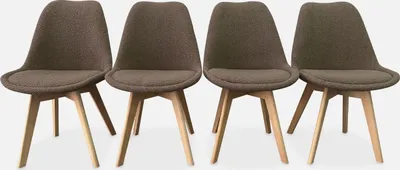 Four taupe-colored chairs with wooden legs are arranged in a row against a light gray background.
