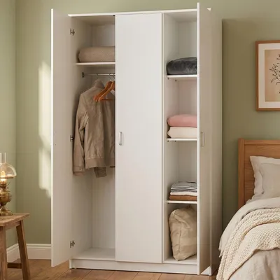 Immagine prodotto di Dmora Guardaroba 3 Ante Licodia 120x52 cm Bianco, Appendiabiti 4 Ripiani