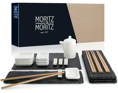 Sushi-Set 22-teilig für 4 Personen, schwarz, aus Porzellan und Schiefer