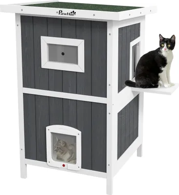 Produktbild von PawHut Katzenhaus aus Holz Outdoor Katzenhütte 2-stöckiges Katzenhöhle mit Balkon, abnehmbarer Bodenplatte, 4 Türen, für 1-2 Katzen bis 5 kg, Grau