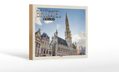 Produktbild von Holzschild Reise 18x12 cm Brüssel Belgien Rathaus Wolken