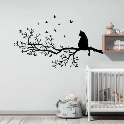 Katze und Vögel auf einem Ast – Decords Wandtattoo, Produktansicht 1