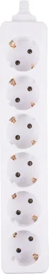 A white power strip with six outlets is shown vertically against a white background.