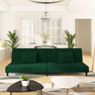 Produktbild von Design Schlafsofa 2-Sitzer mit 2 Kissen Dunkelgrün Samt, Schlafsofas 2024 Neu