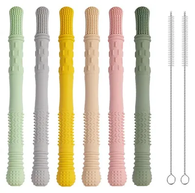 Produktbild von 6er Set Zahnungshilfe Baby Beißring BPA frei, Kaustange für 3-12 Monate, Silikon Beißspielzeug mit Bürsten, Geschenk für Neugeborene