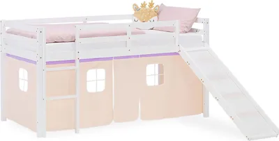 Image de Lit superposé 90x200 cm avec Toboggan Lit mezzanine en Bois Pin Massif Lit d'enfant Cadre de Lit Rideau Violet Pêche