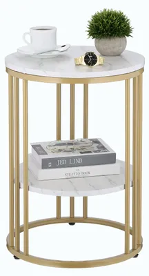 Zdjęcie produktu dla Relaxdays – stolik pomocniczy o wyglądzie marmuru, 2 półki, do salonu, metal i MDF, okrągły stolik pod sofę, wys. x gł. 56 x 40 cm, biały/złoty, Obraz wygenerowany przez AI