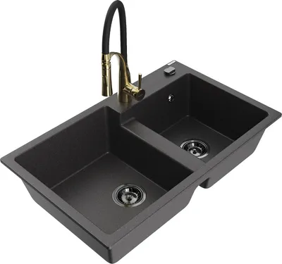 Produktbild von Mexen Tomas 2-Becken-Granitspüle mit Mischbatterie Aster, Schwarz gesprenkelt - 6516-76-73450-57-B