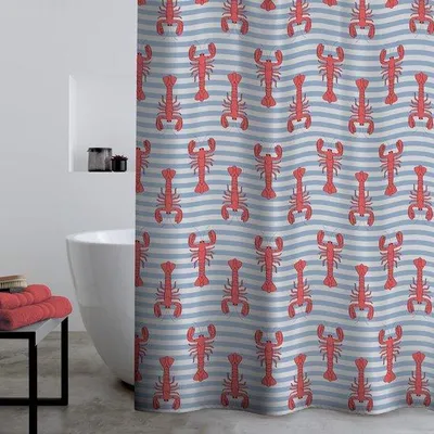 Productafbeelding van Ibenzoa® Douchegordijn Marinerstijl met kreeftmotief, 180 x 180 cm, 100% polyester, waterafstotend, met oogjes, machinewasbaar (40°C) en geschikt voor de droger