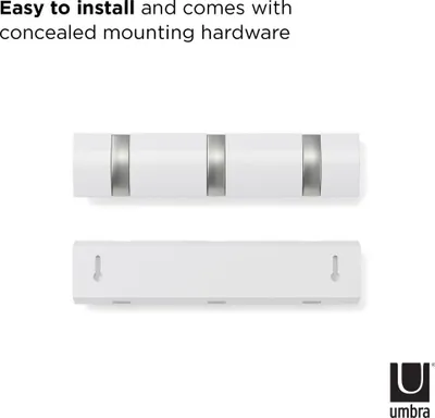A white UMBRA Flip Hook 3-hook rack is shown with its mounting hardware.