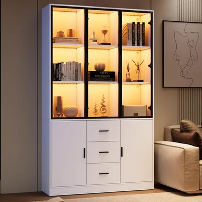 Produktbild von Hochschrank mit Glastüren und LED-Beleuchtung, 120 × 30 × 200 cm, Wohnzimmerschrank mit 13 Fächern, 3 Schubladen und 5 Türen, App-Steuerung, Weiß